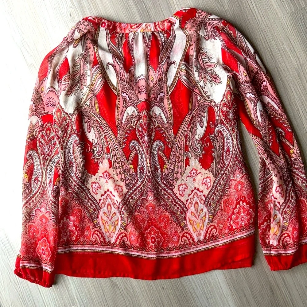 Rose & Olive Paisley Peasant Top M Red Colorful Sheer Loose Career